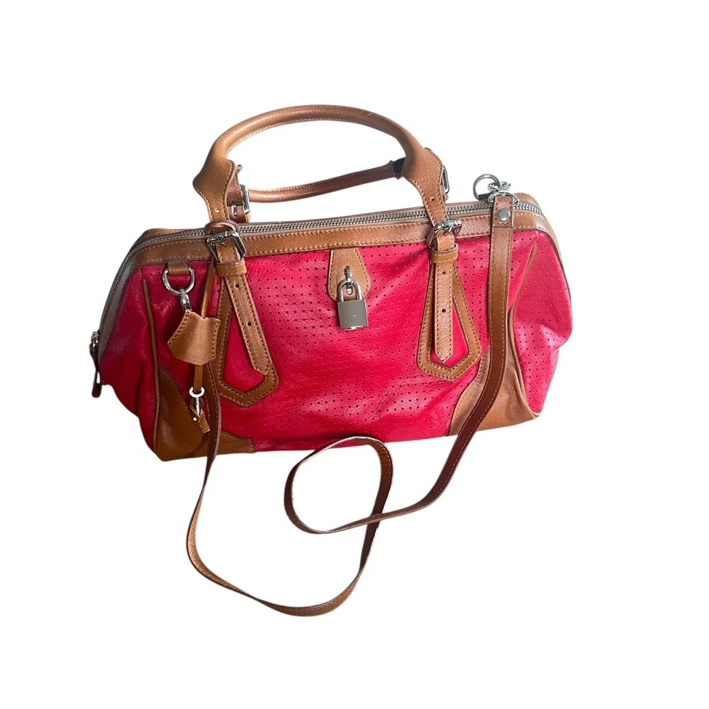 Sundance Red Perforated Leather Satchel Handbag Purse Shoulder Strap Lock Italy‎